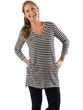 YALA SZ L Dani Hooded Striped V-neck Tunic Bamboo Top in Navy & White